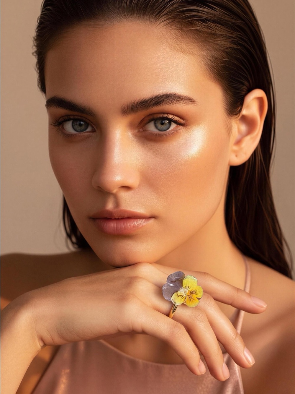 Delicate Pansy Flower Ring in Yellow and Lavender